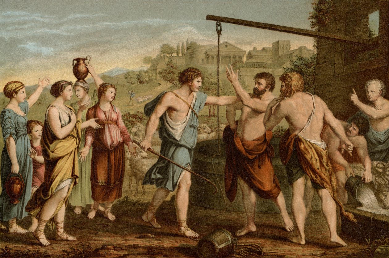 Moses försvarar döttrarna av after Nicolas Poussin