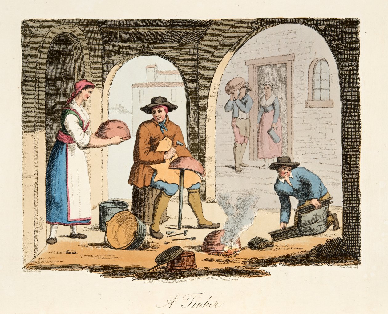 En resande tinker, från italienskt landskap, som representerar seder, seder och nöjen i de olika staterna i Italien, pub. 1806 (handfärgad gravyr) av after P. van Lerberghi