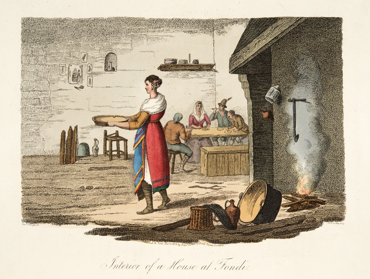 Interiör av ett hus på Fondi, från italienskt landskap, som representerar seder, seder och nöjen i de olika staterna i Italien, pub. 1806 (handfärgad gravyr) av after P. van Lerberghi