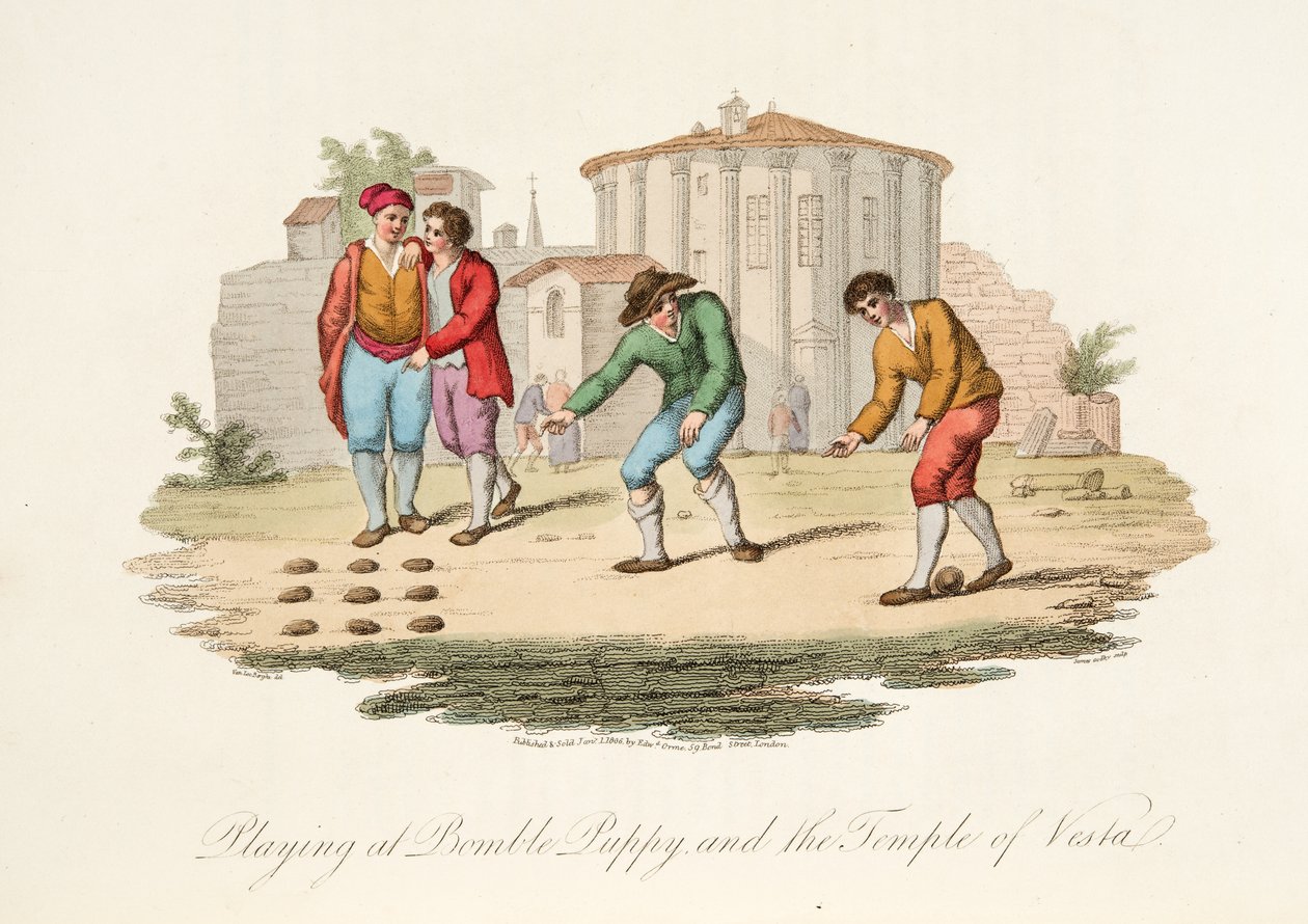 Spelar på Bumble Puppy och Temple of Vest, från Italian Scenery, som representerar seder, seder och nöjen i de olika staterna i Italien, pub. 1806 (handfärgad gravyr) av after P. van Lerberghi