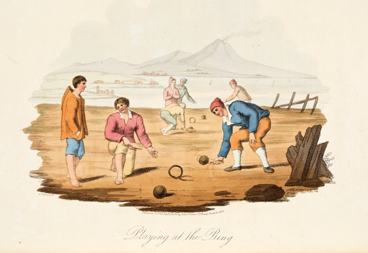 Playing at the Ring, från Italian Scenery, som representerar seder, seder och nöjen i de olika staterna i Italien, pub. 1806 (handfärgad gravyr) av after P. van Lerberghi
