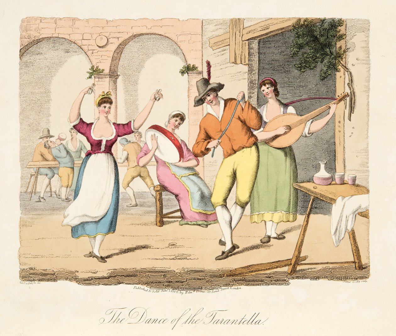The Dance of the Tarantella, från Italian Scenery, som representerar seder, seder och nöjen i de olika staterna i Italien, pub. 1806 (handfärgad gravyr) av after P. van Lerberghi
