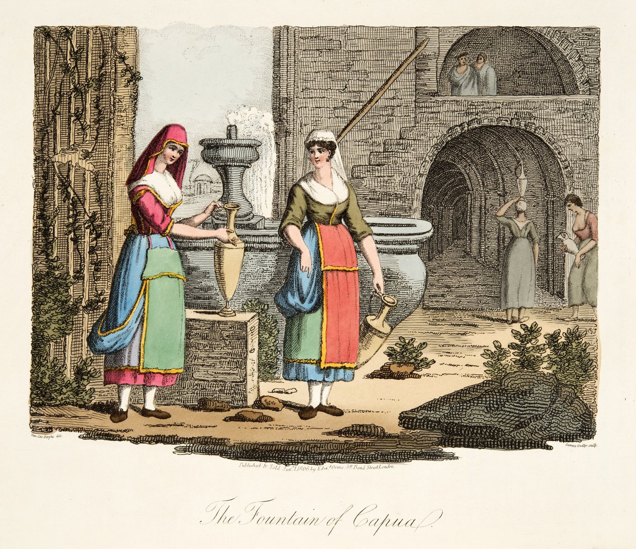 Fontänen i Capua, från italienskt landskap, som representerar seder, seder och nöjen i de olika staterna i Italien, pub. 1806 (handfärgad gravyr) av after P. van Lerberghi