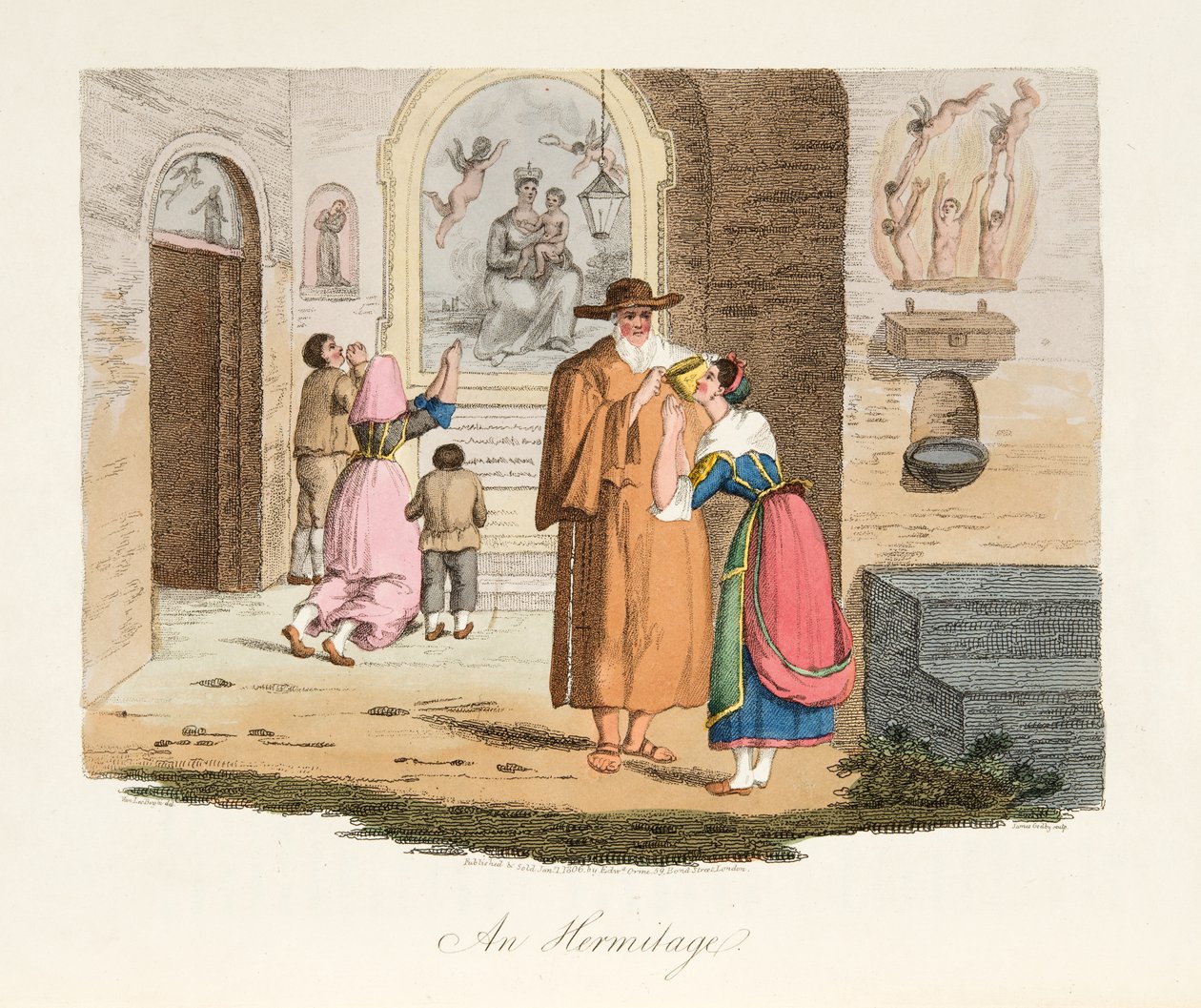 Eremitaget i Capua, från italienskt landskap, som representerar seder, seder och nöjen i de olika staterna i Italien, pub. 1806 (handfärgad gravyr) av after P. van Lerberghi