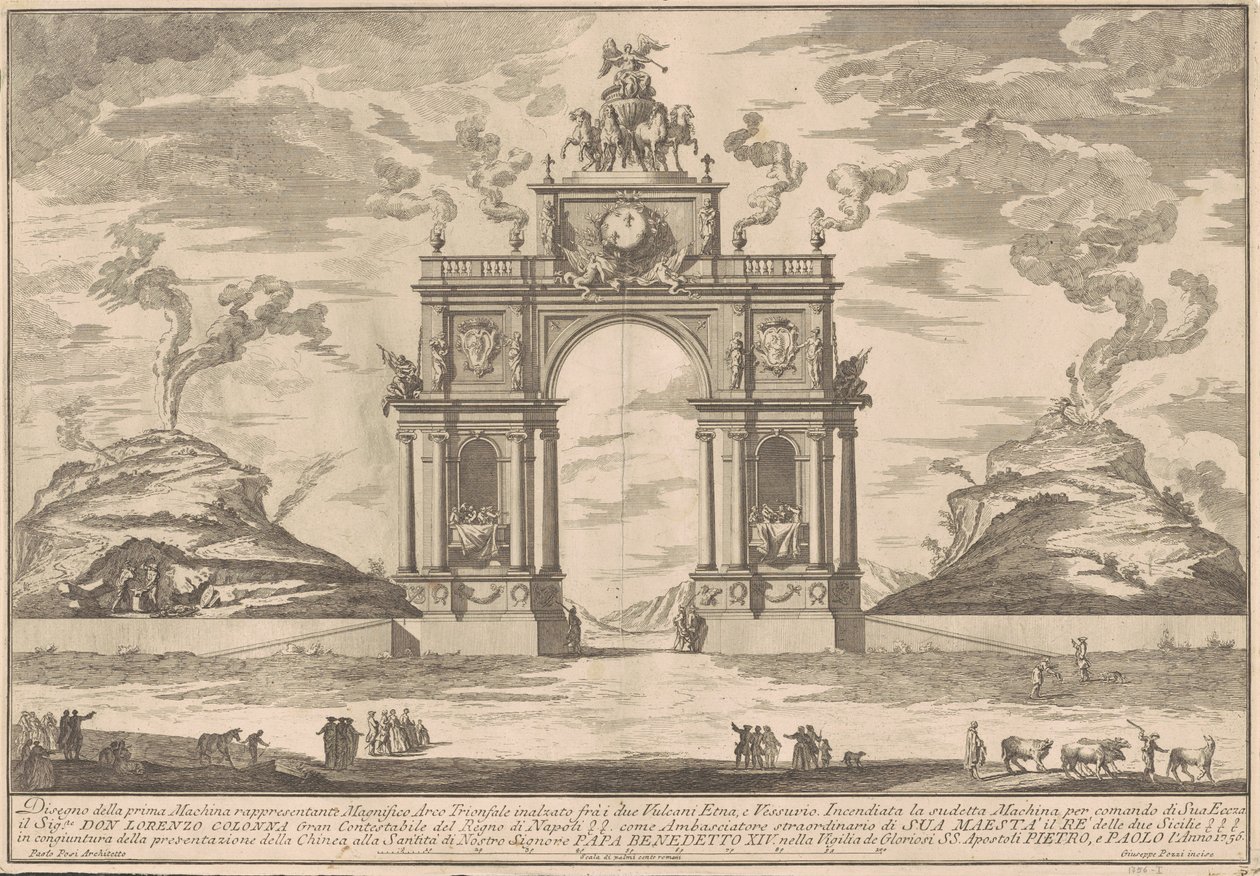 Prima Macchina för Kina 1756: En triumfbåge mellan Etna och Vesuvius av after Paolo Posi Giuseppe Pozzi
