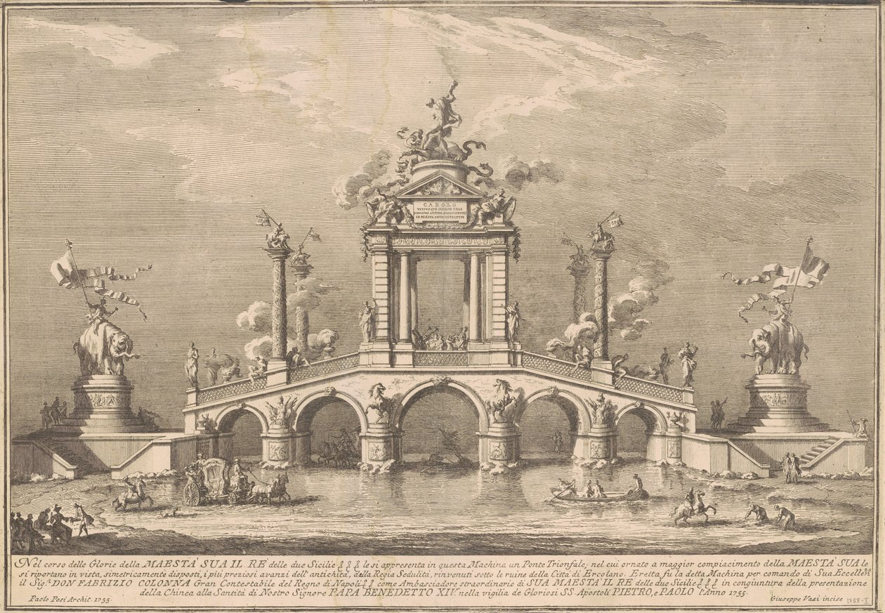 Prima Macchina för Chinea 1755: En triumfbro med antikviteter från Herculaneum av after Paolo Posi Giuseppe Vasi