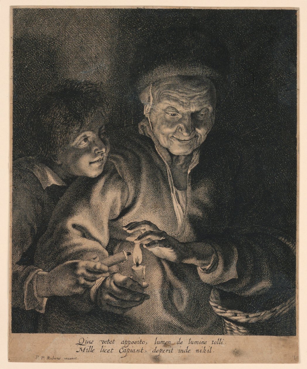 Gammal kvinna och en pojke med ljus av after Peter Paul Rubens