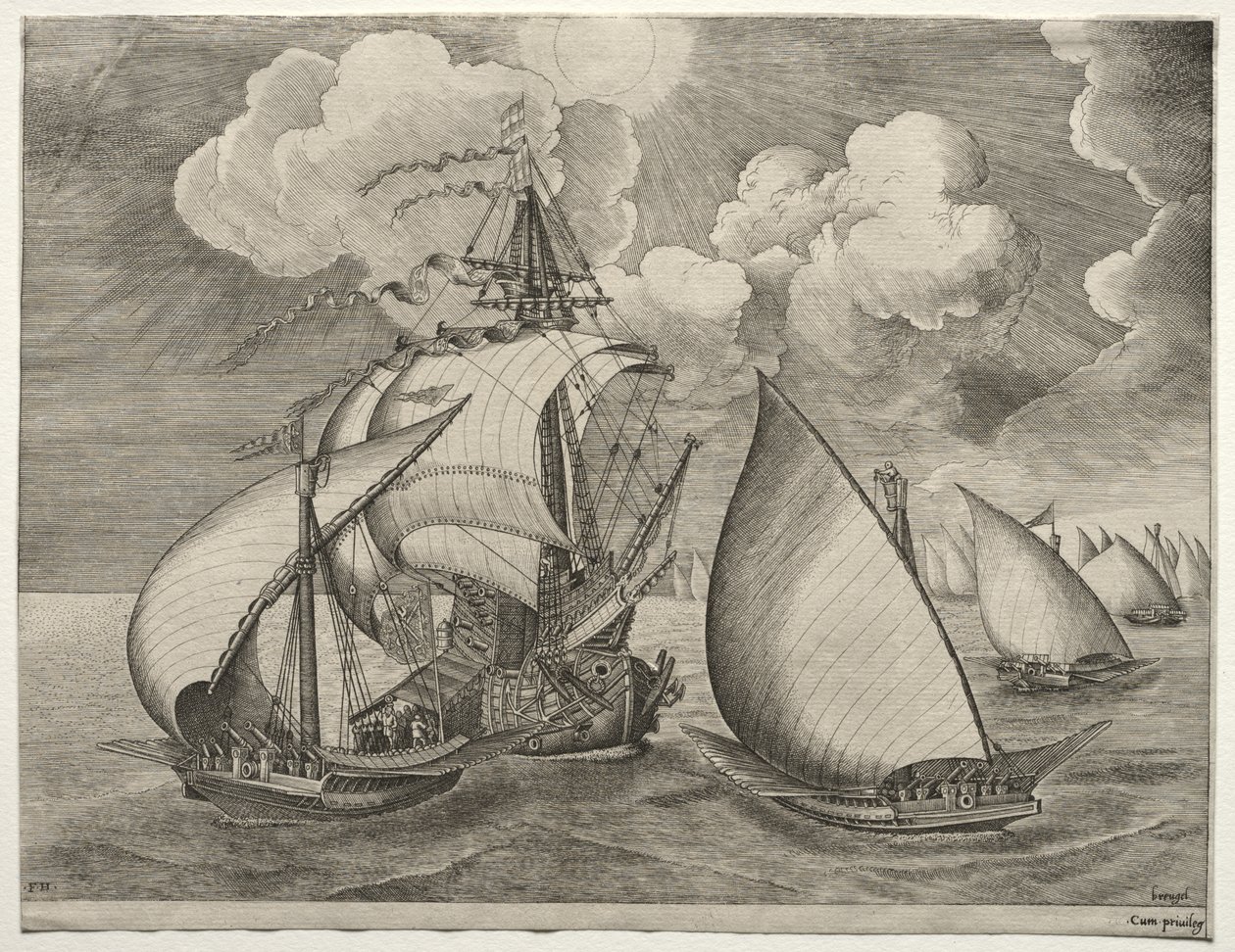 Segelfartyg: En flotta av galärer eskorterad av en karavell av after Pieter Bruegel