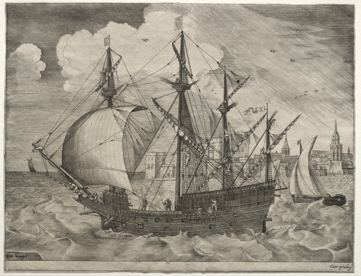 Segelfartyg: Beväpnad fyrbefälhavare på väg till havs av after Pieter Bruegel