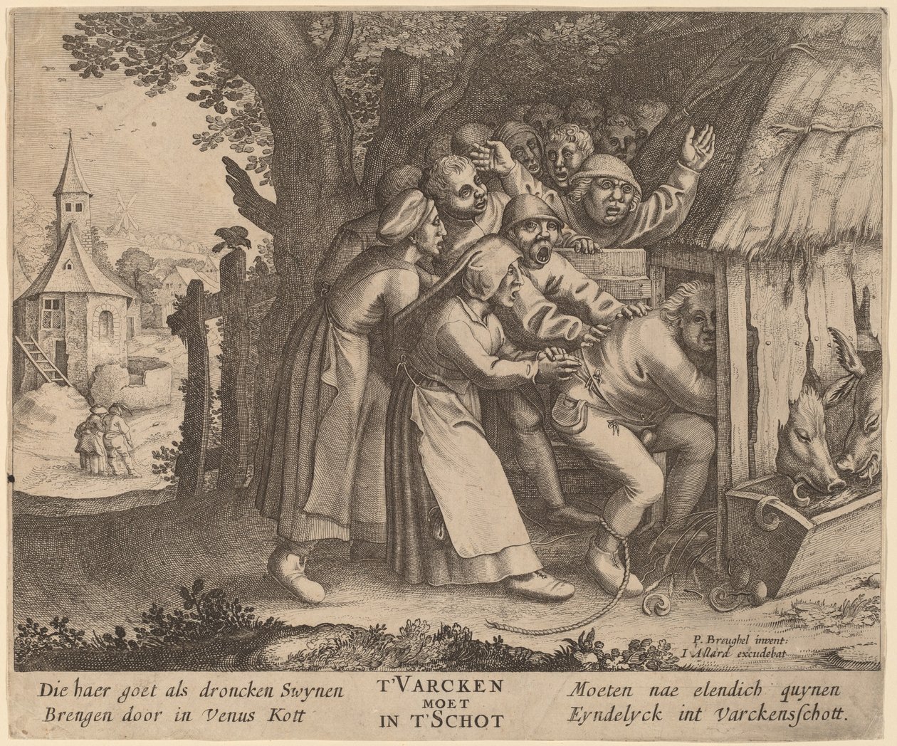 Drunkarden knuffade in i grisstallen av after Pieter Bruegel the Elder