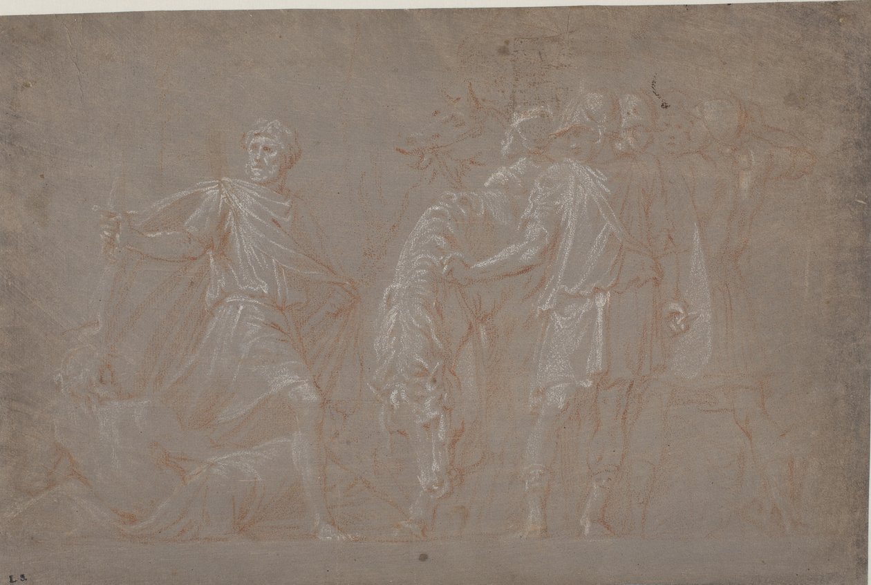 Mucius Scaevola korsar Tibern av after Polidoro da Caravaggio