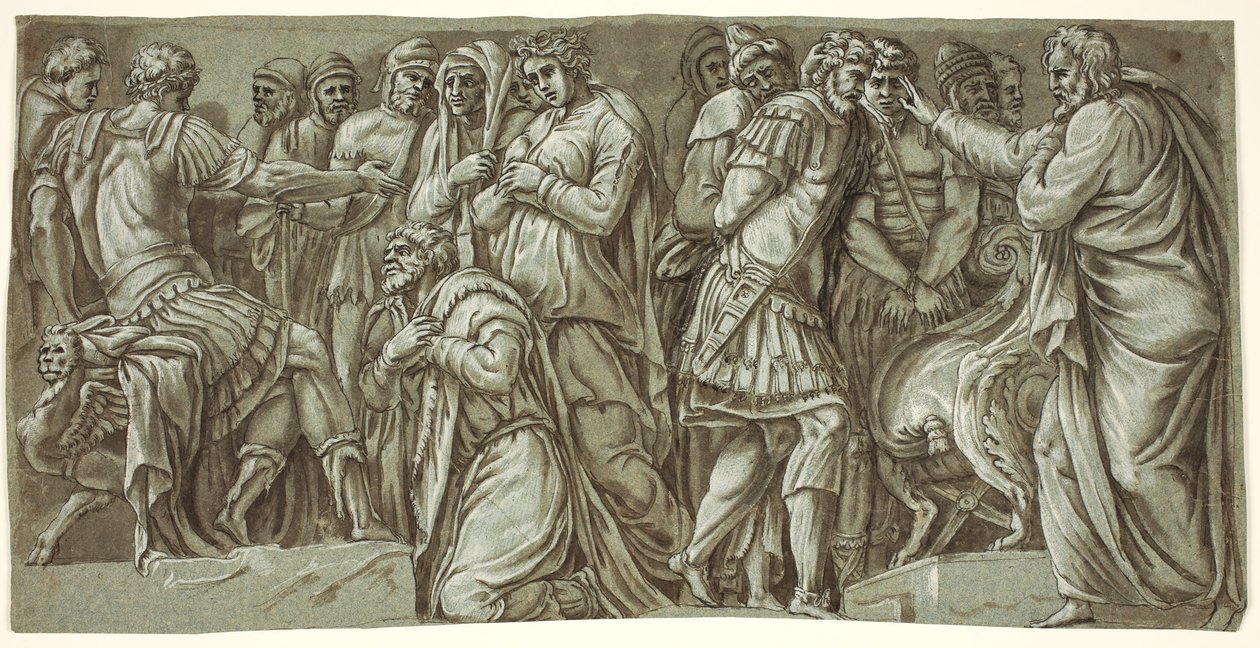 Familjen Darius före Alexander och en scen med fångar; från fasaden på Palazzo Milesi av after Polidoro da Caravaggio