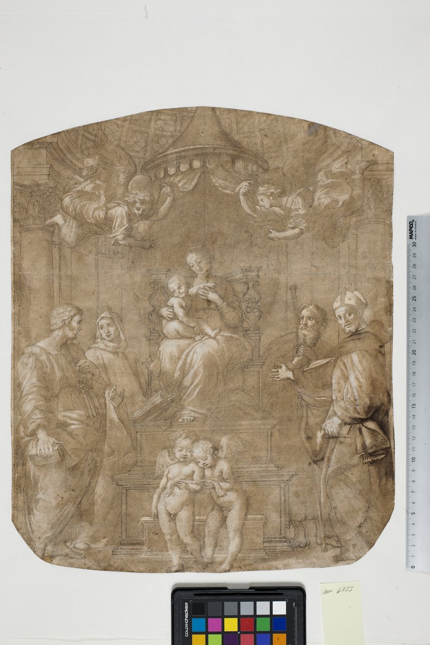 Madonna och barn med Sts Peter, Bernard (eller Bruno), James, Augustine och fyra änglar, Madonna del Baldacchino av after Raphael