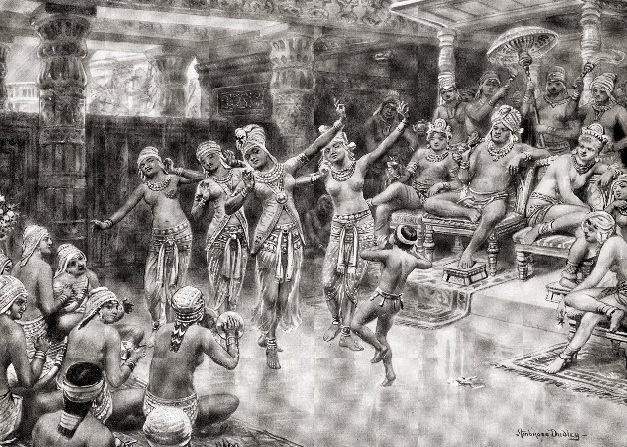 Ett 1800-talskonstnärsintryck av Gautamiputra Satakarani som firar sin seger över Nahapana, från Hutchinsons History of the Nations, pub.1915 av after Robert Dudley