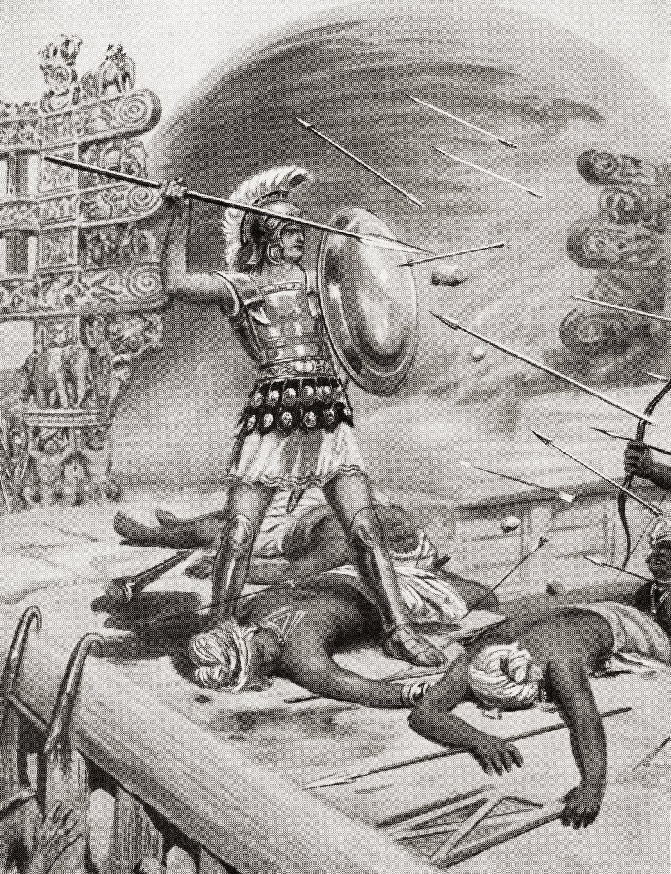 Alexander den store slåss mot Assacani i den befästa staden Massaga, Indien under sin indiska kampanj 326 f.Kr., från Hutchinsons History of the Nations, pub.1915 av after Robert Dudley