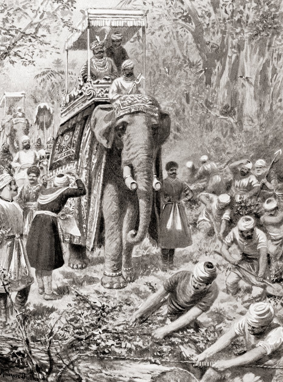 En inspektion av Sher Shah Suris Great North Road, (nu The Grand Trunk Road), från Hutchinsons History of the Nations, pub.1915 av after Robert Dudley