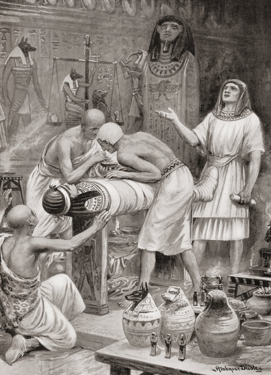 Balsamerar en kropp i det antika Egypten, från Hutchinsons History of the Nations, pub.1915 av after Robert Dudley