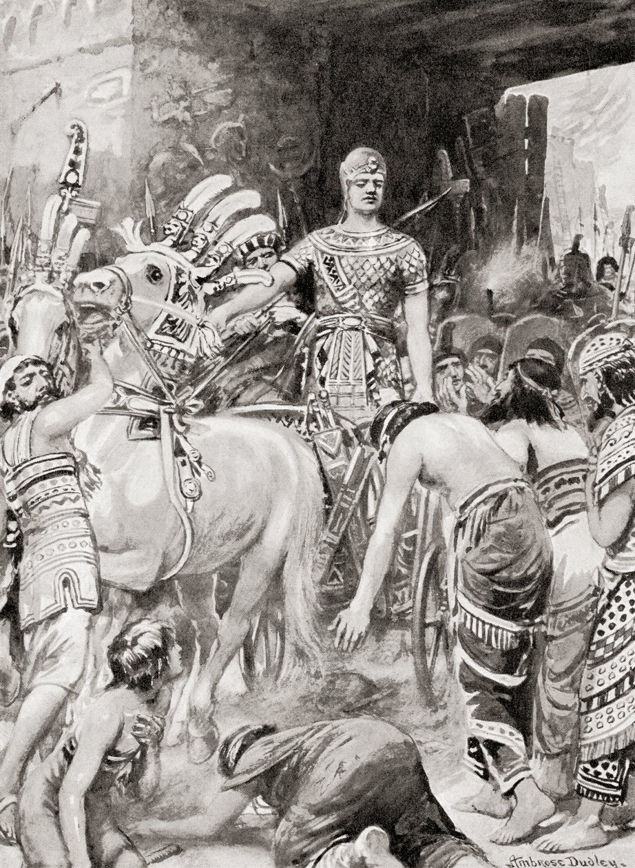 Psamtik I av Egypten kommer in i staden Azotus eller Ashdod, från Hutchinsons Nationernas historia, pub.1915 av after Robert Dudley