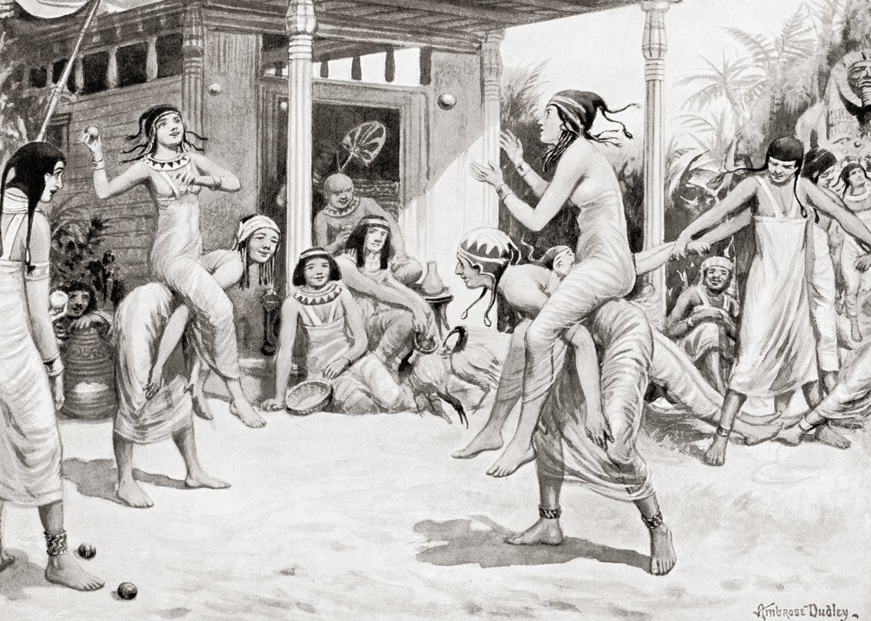 Unga flickor som spelar boll i form av en dans i det antika Egypten, från Hutchinsons History of the Nations, pub.1915 av after Robert Dudley