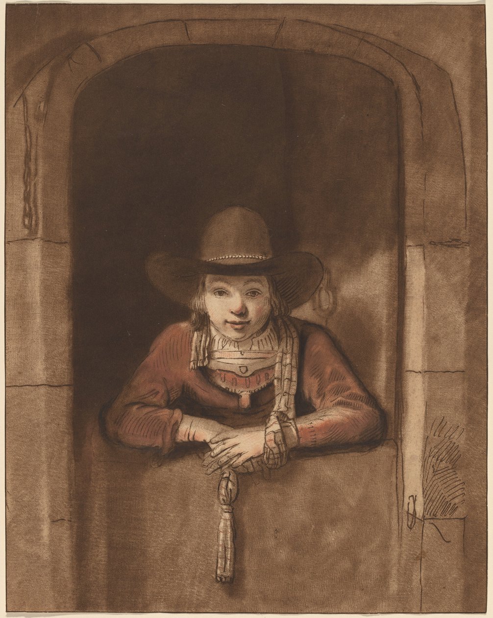 Pojke som lutar sig över en nedre dörr av after Samuel van Hoogstraten Cornelis Ploos