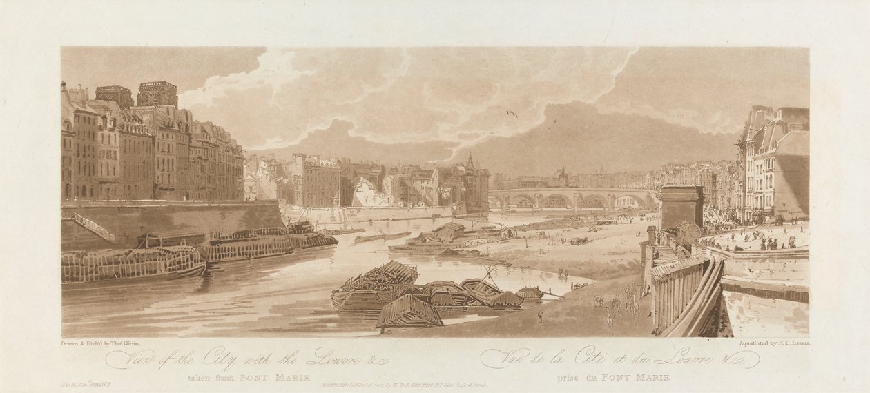 Utsikt över staden med Louvren. 1802; Tavla 3 från Views in Paris, Emanuel Volume av after Thomas Girtin
