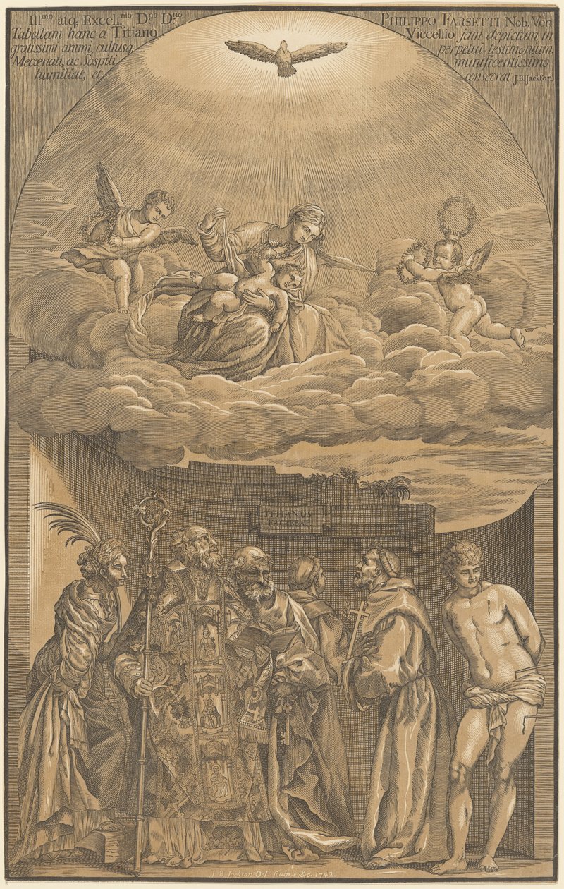 Jungfrun och barnet i molnen med sex heliga av after Titian John Baptist Jackson