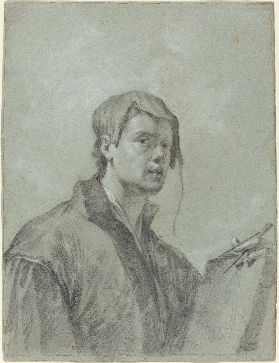 En konstnär som håller en bok och en kompass av after Willem Drost