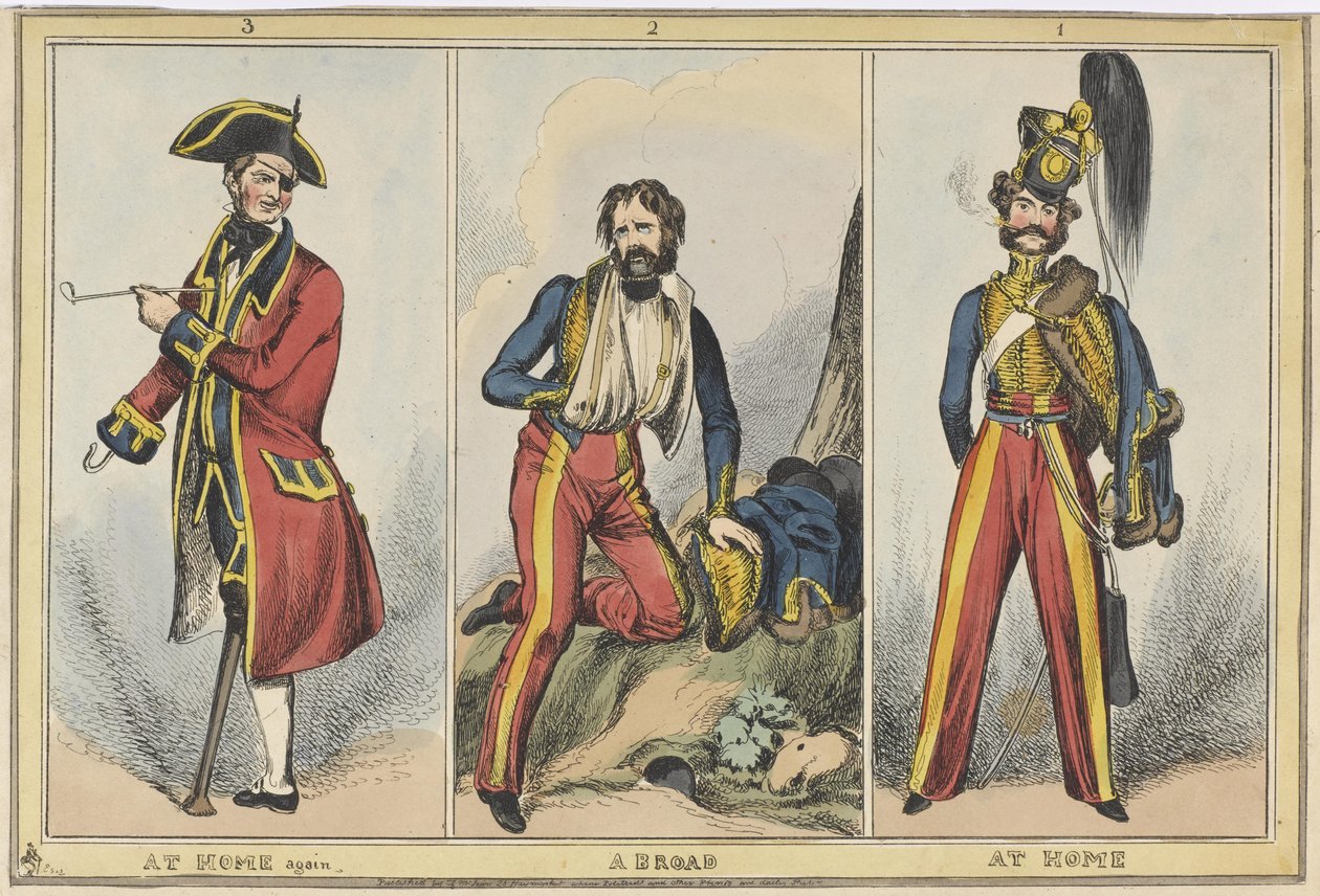 ’1. At Home 2. Abroad 3. At Home Again’, c.1830 (färgad etsning) av after William Heath