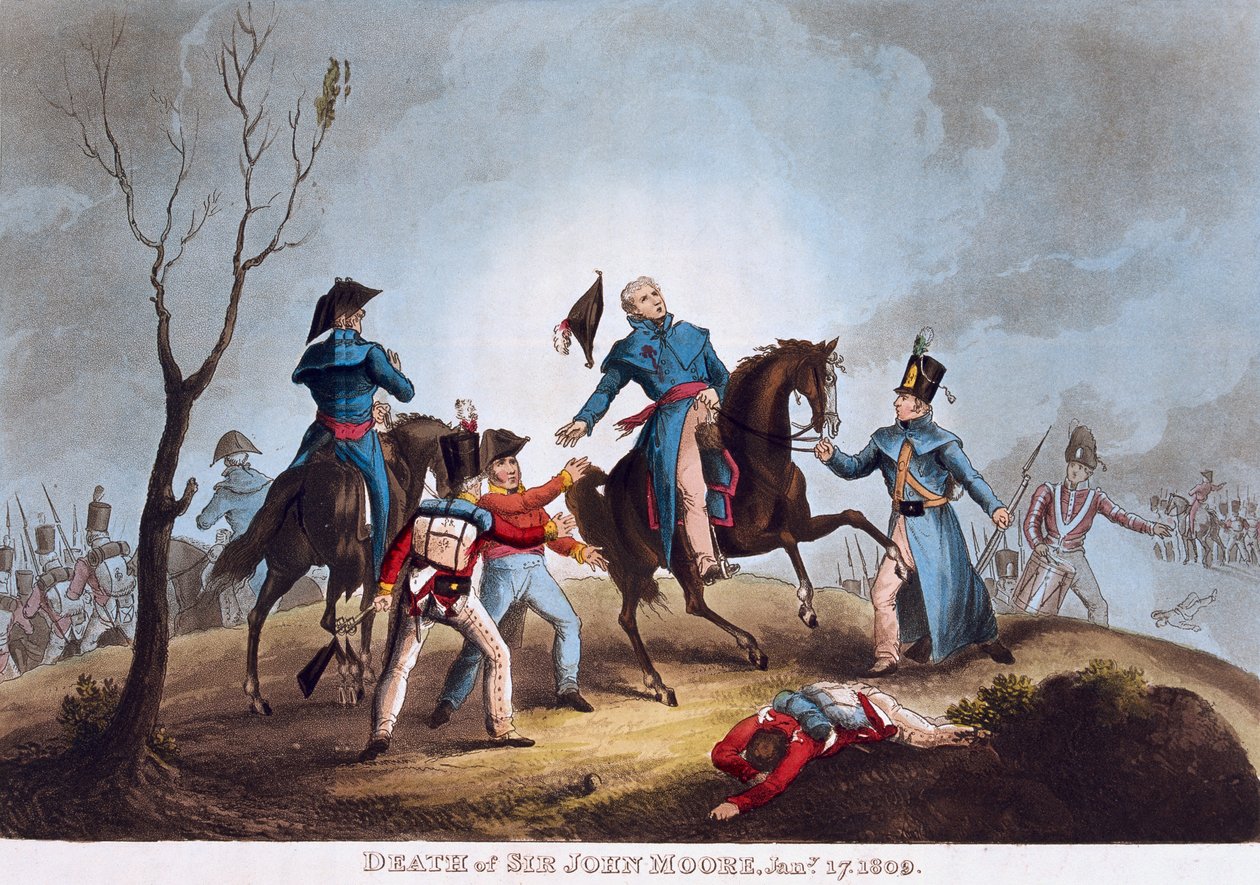 Sir John Moores död, 17 januari 1809 (färgad akvatint) av after William Heath