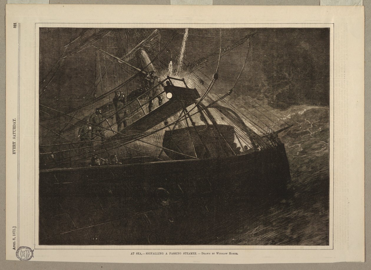 Till sjöss, - signalerar en passerande ångbåt av after Winslow Homer