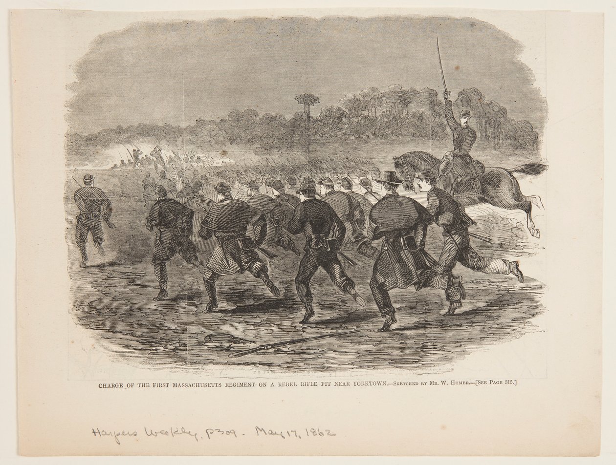 Ansvar för det första Massachusetts regementet på en rebellgevärsgrop nära Yorktown av after Winslow Homer