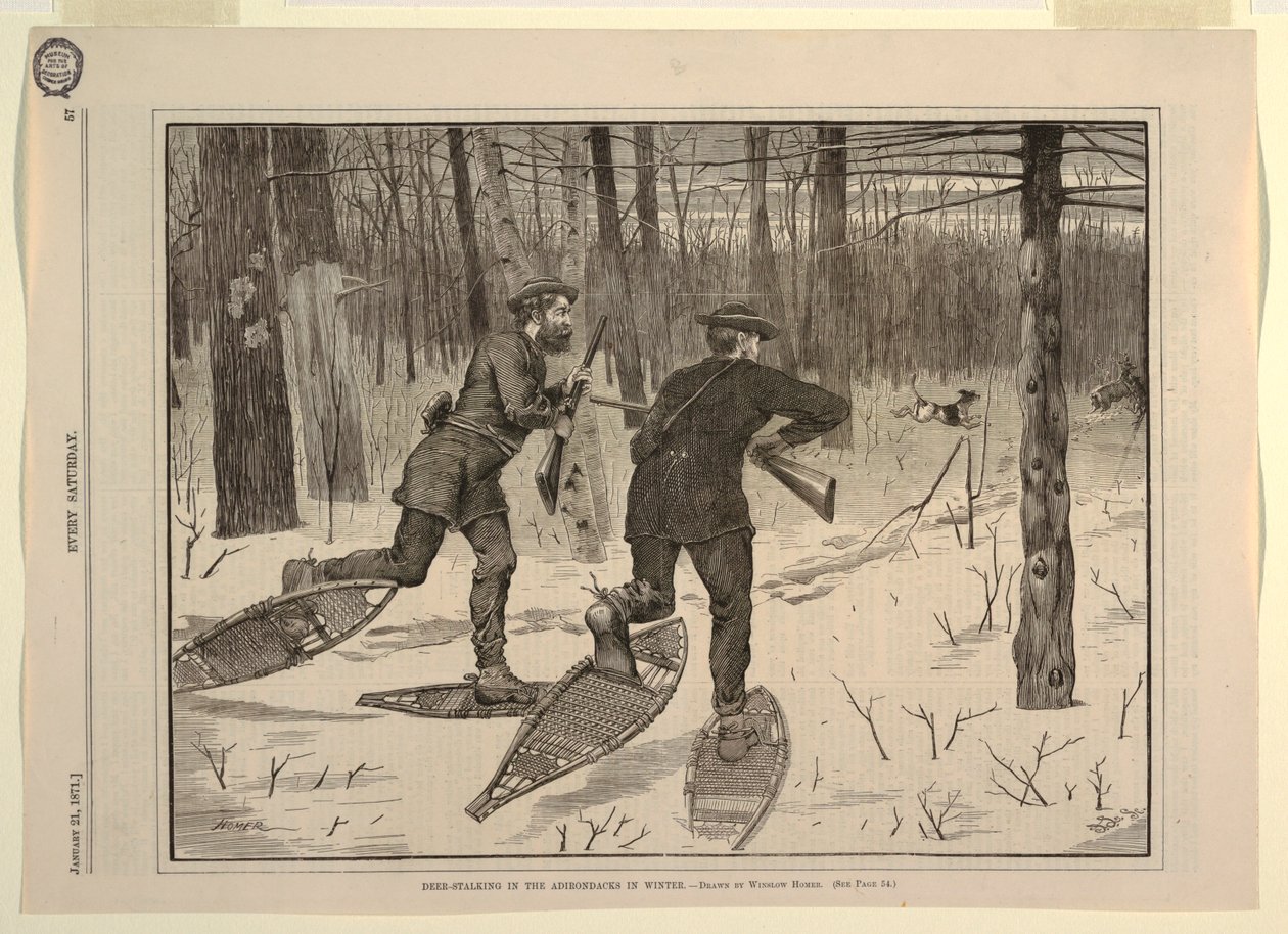 Deer-stalking in the Adirondacks in Winter, from Every Saturday, January 21, 1871, sid. 57 av after Winslow Homer