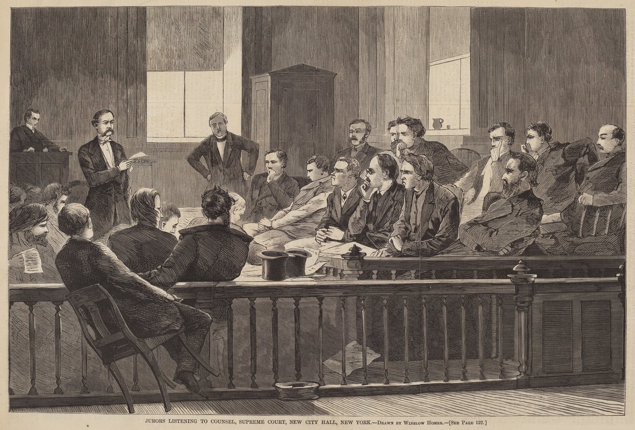 Jurymedlemmar lyssnar på ombud, Högsta domstolen, New City Hall, New York av after Winslow Homer