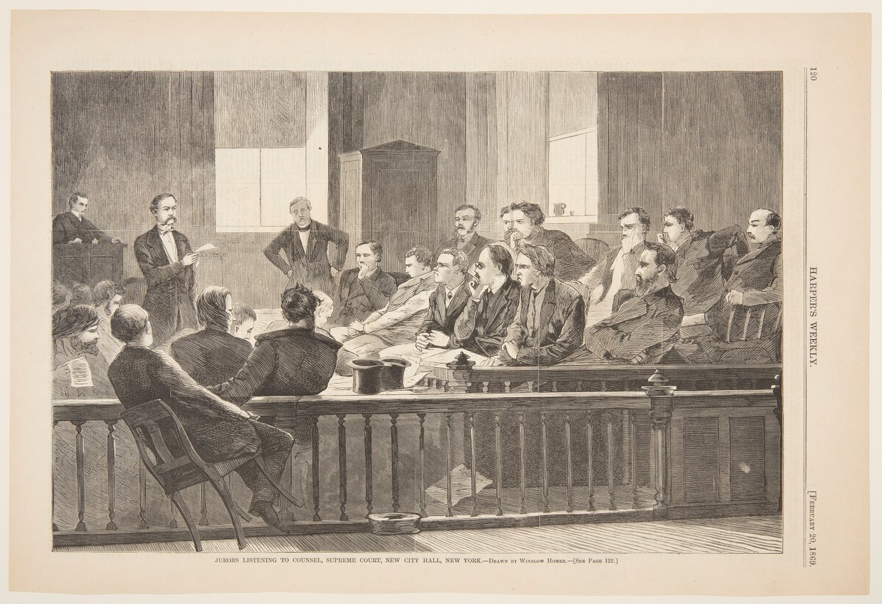 Jurymedlemmar lyssnar på ombud, Högsta domstolen, New City Hall, New York av after Winslow Homer