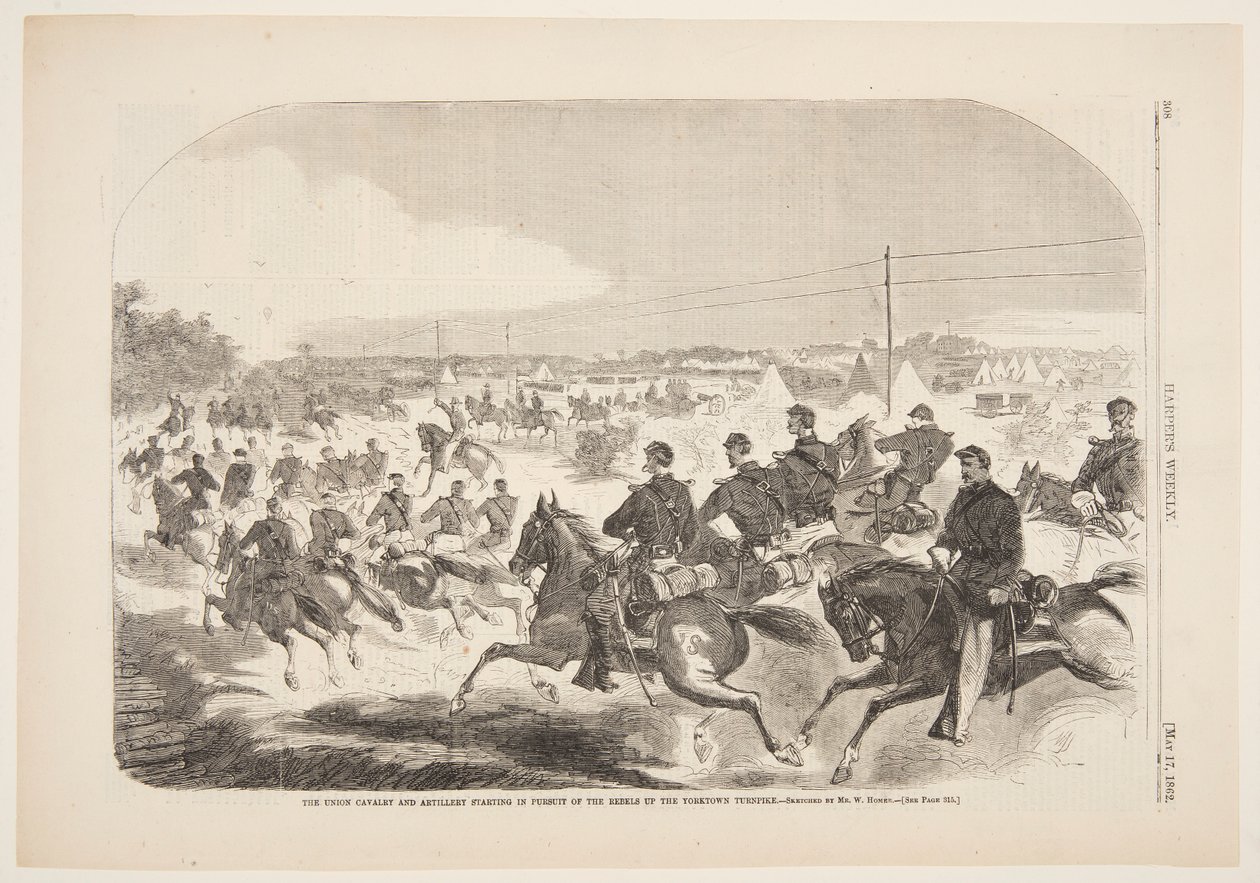 Unionens kavalleri och artilleri börjar i jakten på rebellerna uppför Yorktown Turnpike av Winslow Homer