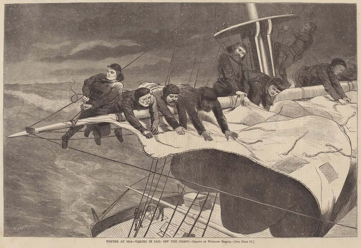 Vinter till sjöss - Att ta in segel utanför kusten av Winslow Homer