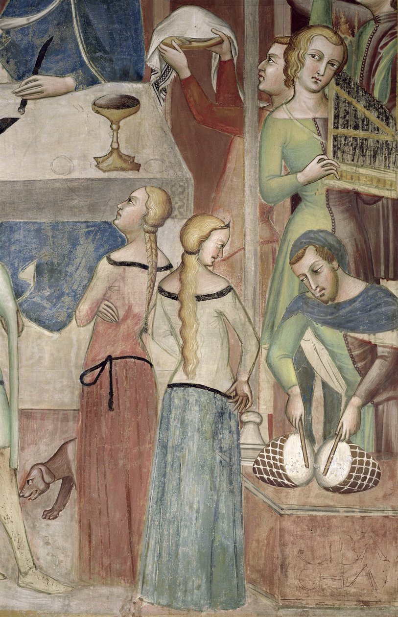 Satan ber Gud att fresta Job, detalj av musiker, 1356-67 av also Manfredi de Battilori Bartolo di Fredi