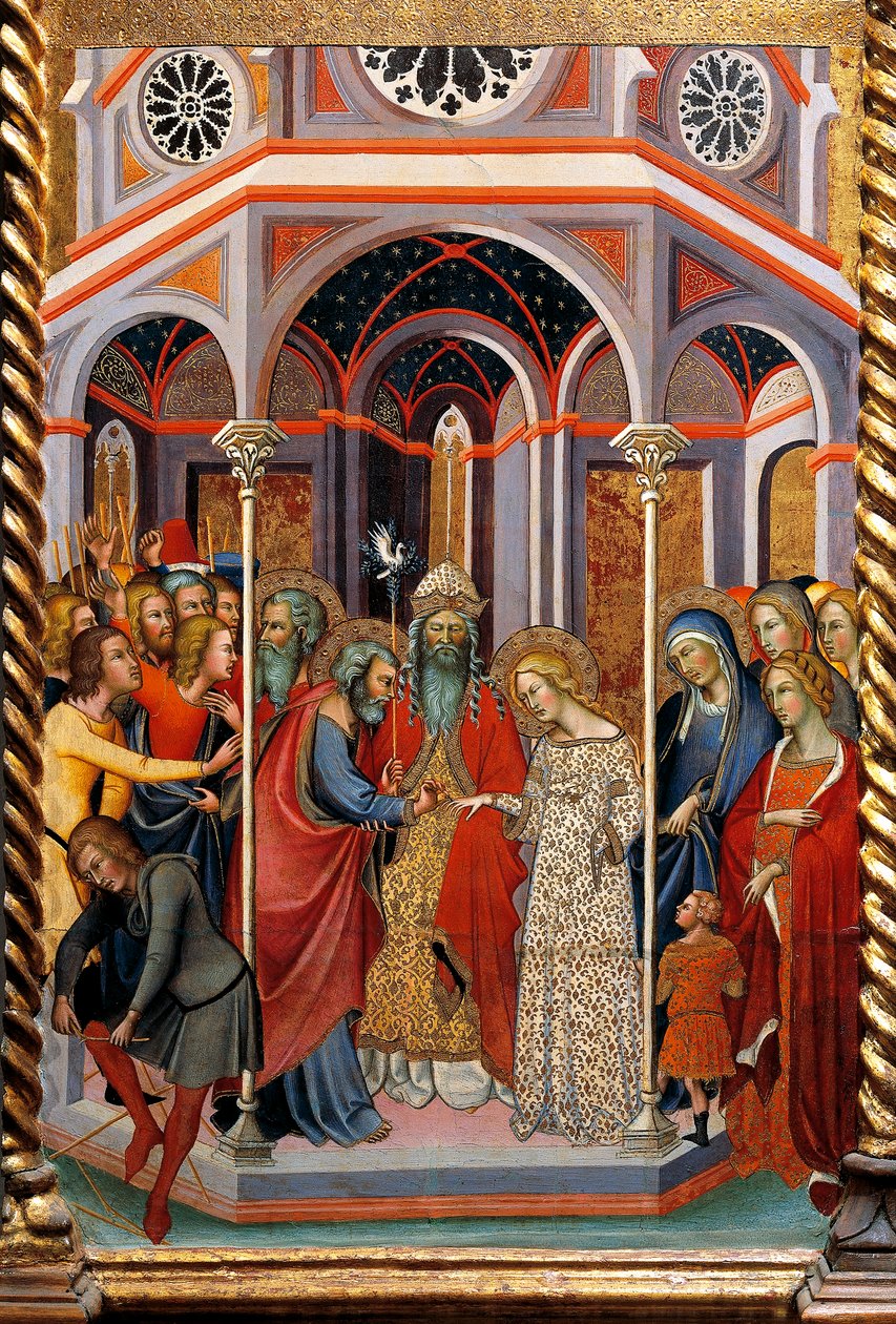 Jungfrus äktenskap, detalj av altartavlan som visar berättelser om Jungfru av Bartolo di Fredi (1330-1410) av also Manfredi de Battilori Bartolo di Fredi