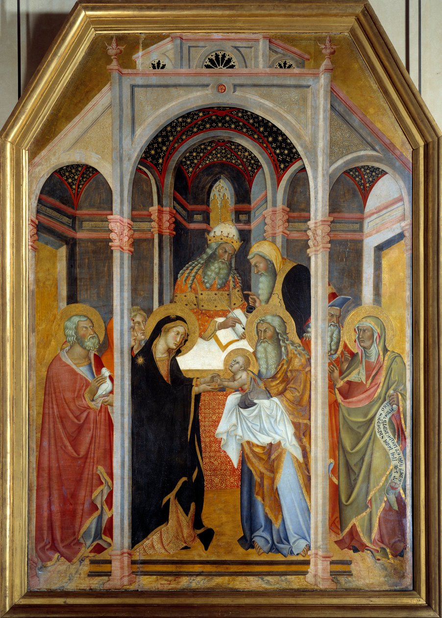 Presentation vid tempelmålningen på trä av Bartolo di Fredi (1330-1410) 1300-talets sön. 1,9x1,25 m av also Manfredi de Battilori Bartolo di Fredi