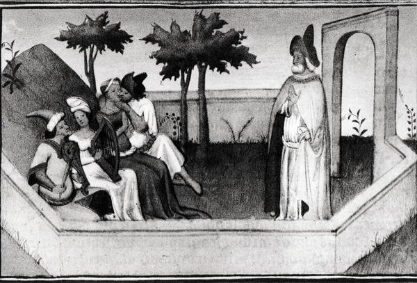 Ms Fr 2810 Hur den gamle mannen från bergen tog emot följeslagarna i trädgården, från Livre des Merveilles du Monde, ca 1410-12 av and workshop Boucicaut Master