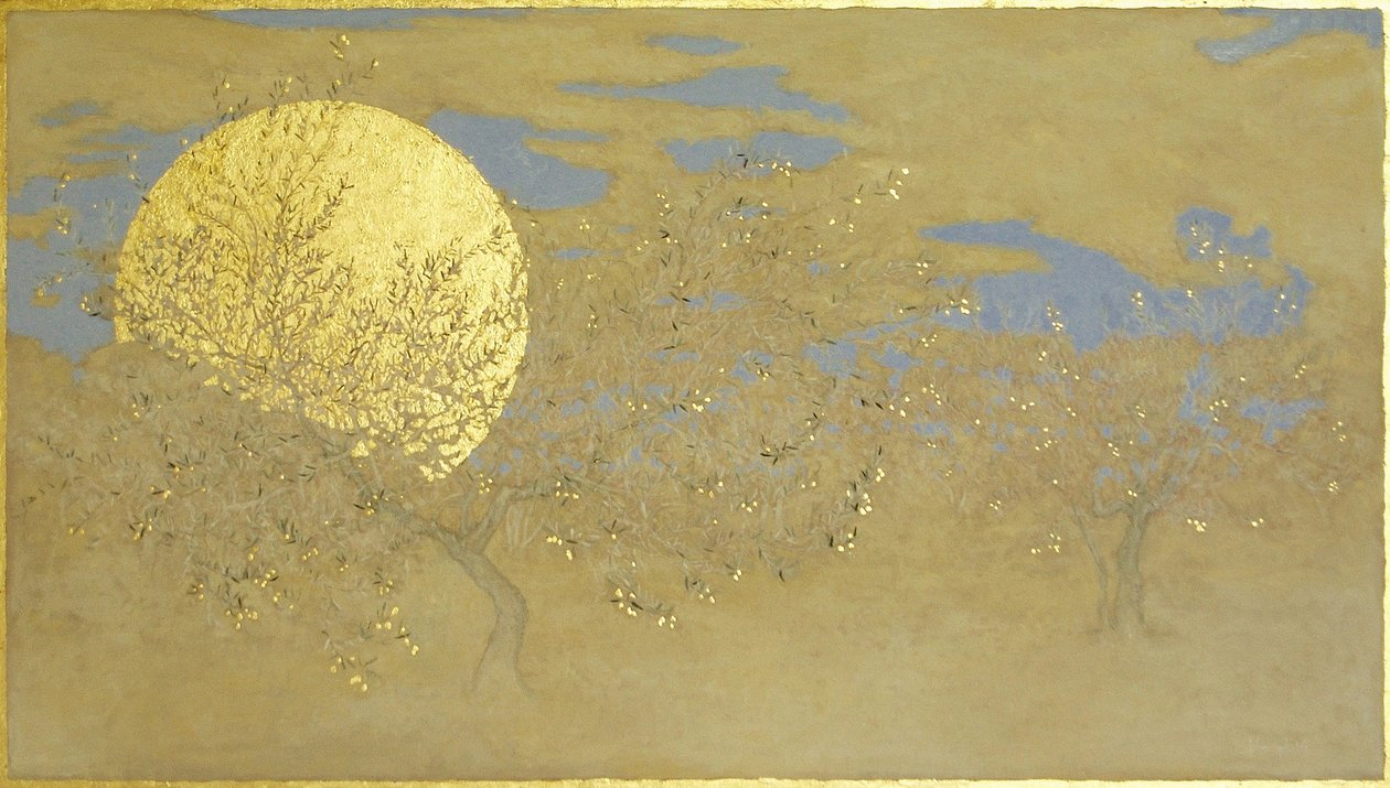 Happiness, 2014, olja och bladguld på panel av angus hampel