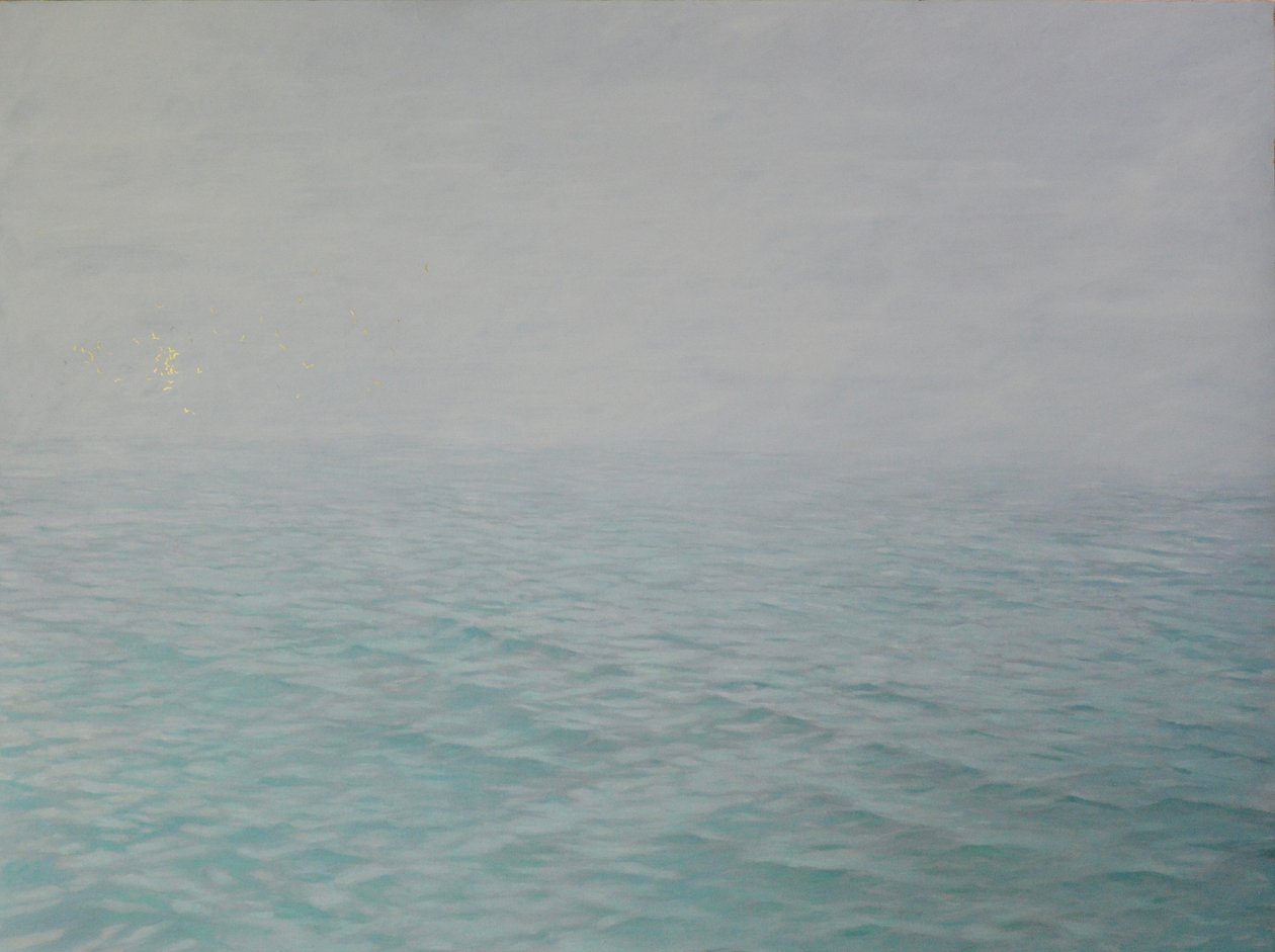 Viskningar i dimman, 2019, olja och bladguld på panel av angus hampel