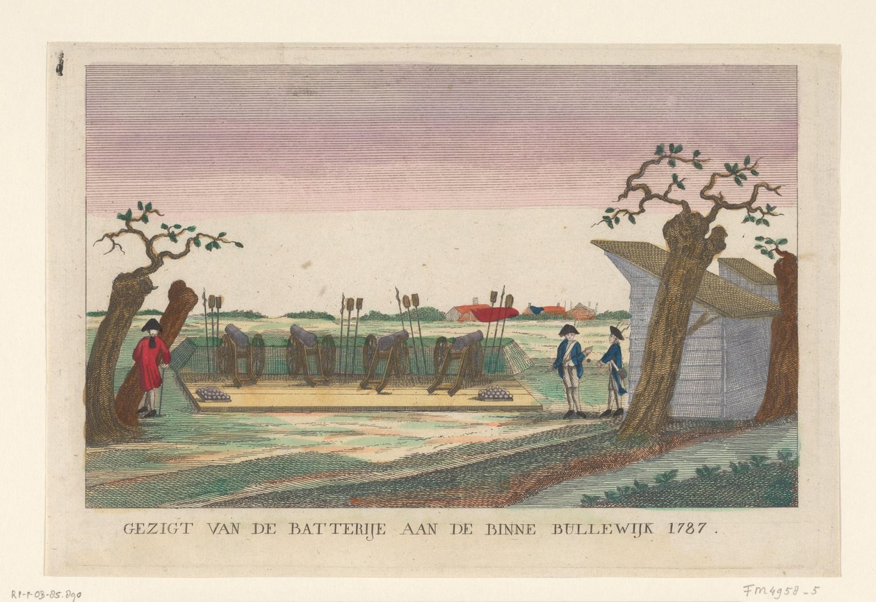 Batteri vid Binnen Bullewijk, 1787 Utsikt över batteriet vid Binne Bullewijk 1787 (titel på objekt) Batterier runt Amsterdam 1787 (tyska kopior) (serietitel) av anonymous (attributed to)
