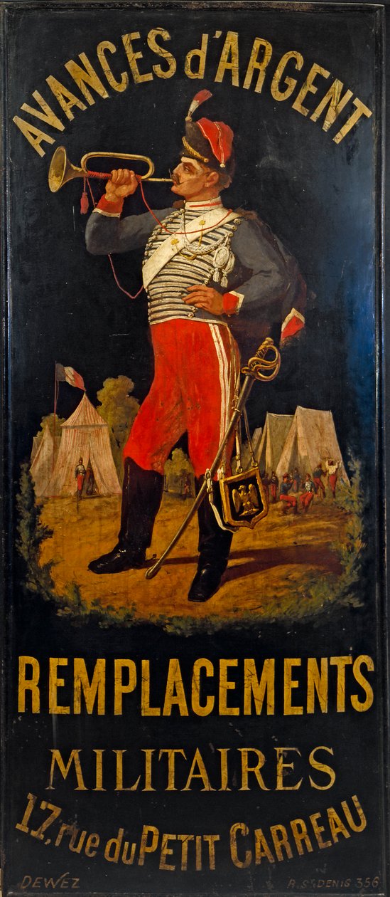 Franska: Au hussard. Skylt för militärt ersättningskontor. 17 rue des Petits- Carreaux, 11:e arrondissementet, Paris av anonymous 