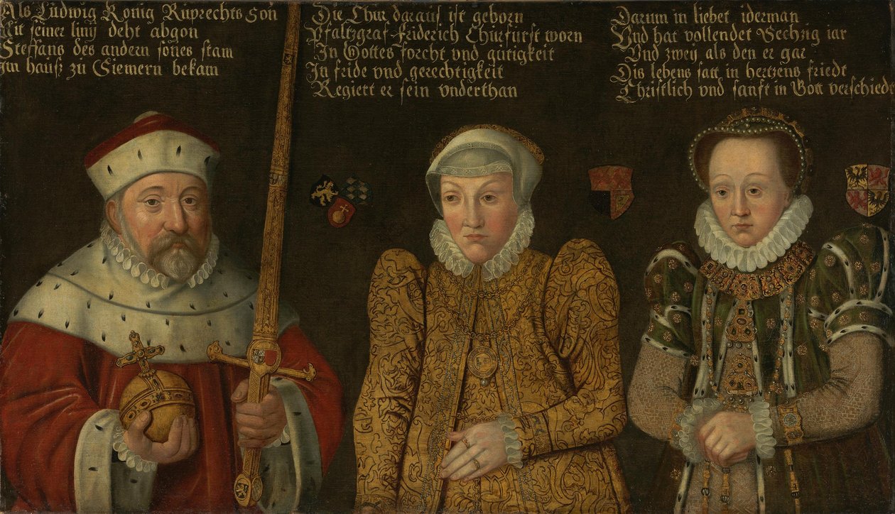 Tyska: Porträtt av kurfursten Fredrik III av Pfalz (1515-1576) med sina hustrur Maria von Brandenburg-Kulmbach och Amalia von Neuenar av anonymous 