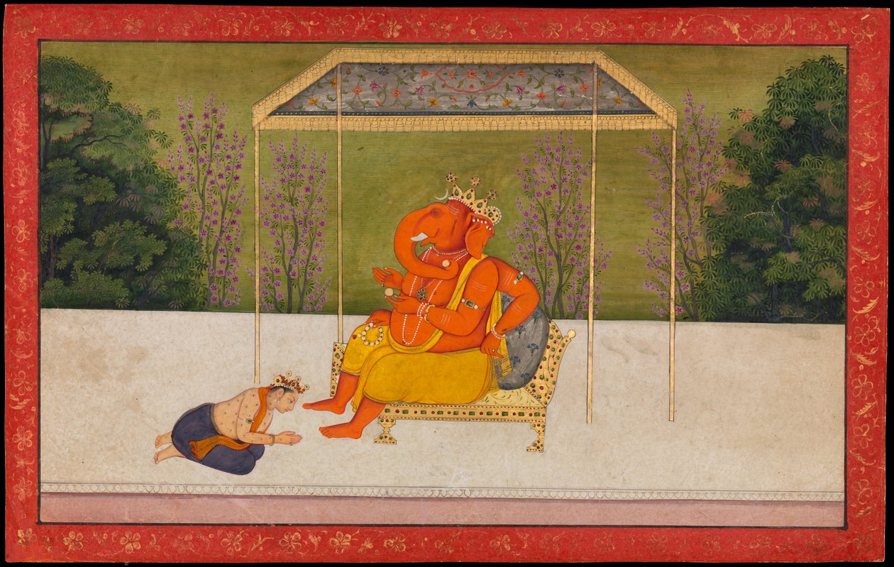 "Indra vördar den elefanthövdade guden Ganesha, sittande på en tron." Folio från Tehri Garhwal-serien av Gita Govinda av anonymous 