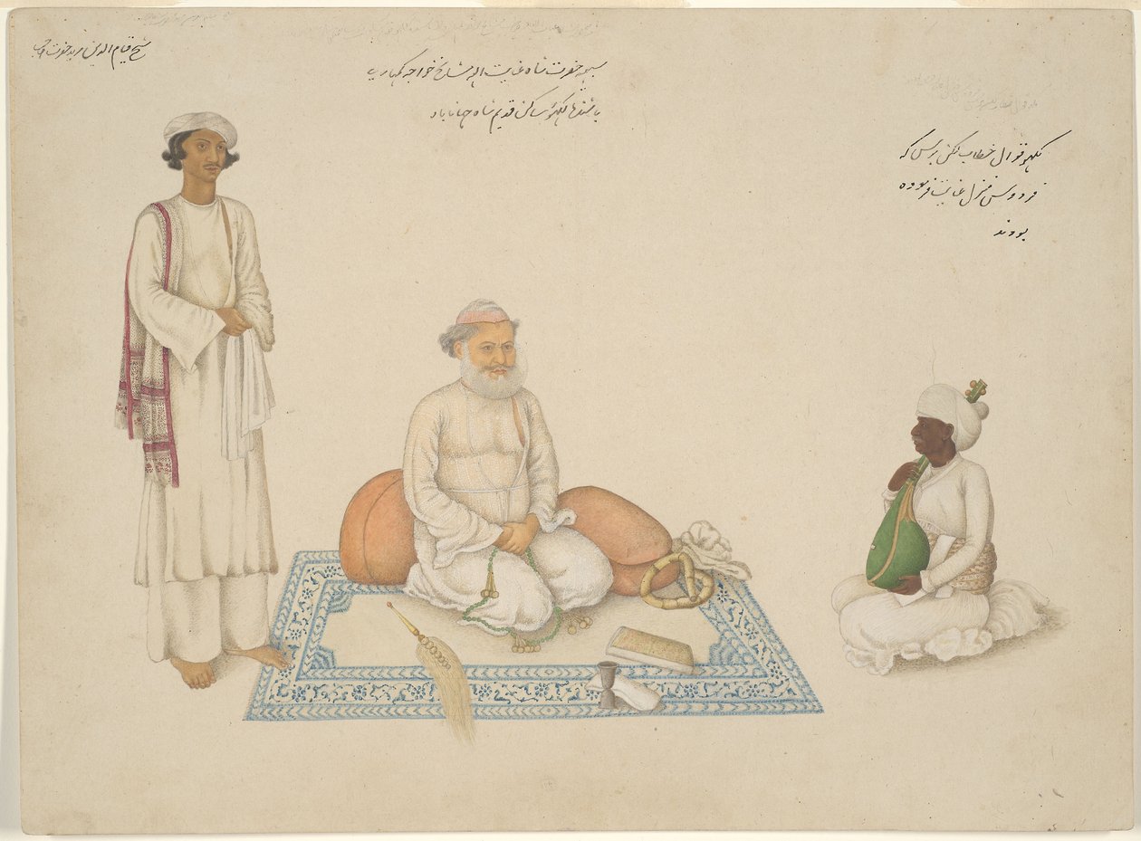 Shah Inayat Allah av Sind med sin musiker Makkhu och sin assistent Shaykh Qiyam al-Din, sida ur Fraser Album av anonymous 