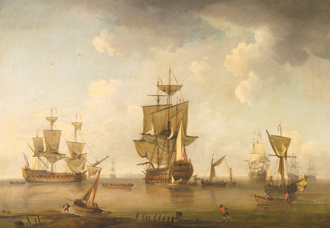Men of War in Harbour  av attributed to Charles Brooking