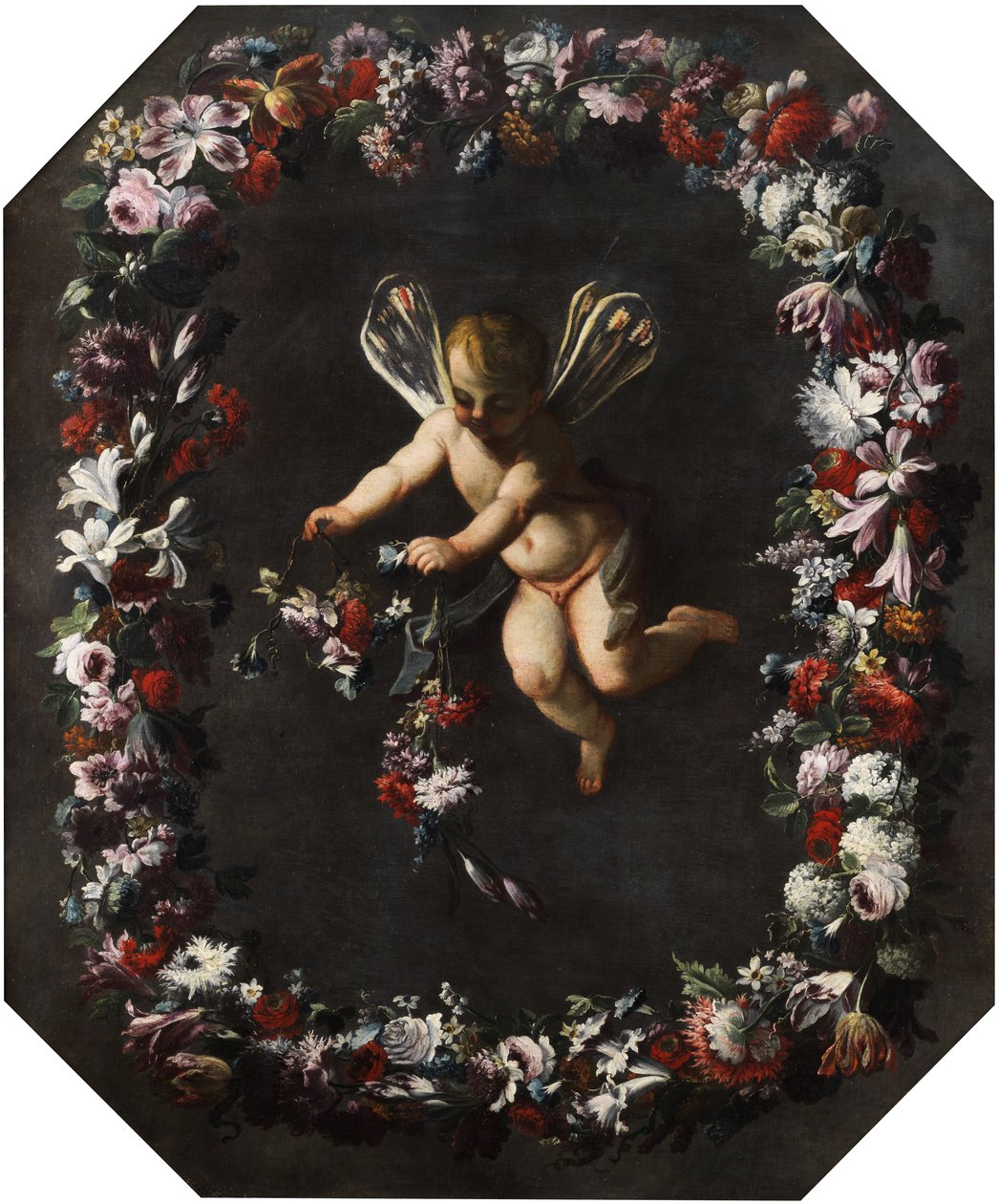 Putto mit Libellenflügeln im Blütenkranz. Öl auf Leinwand. 191 x 161 cm av attributed to Giovanni Stanchi Dei Fiori