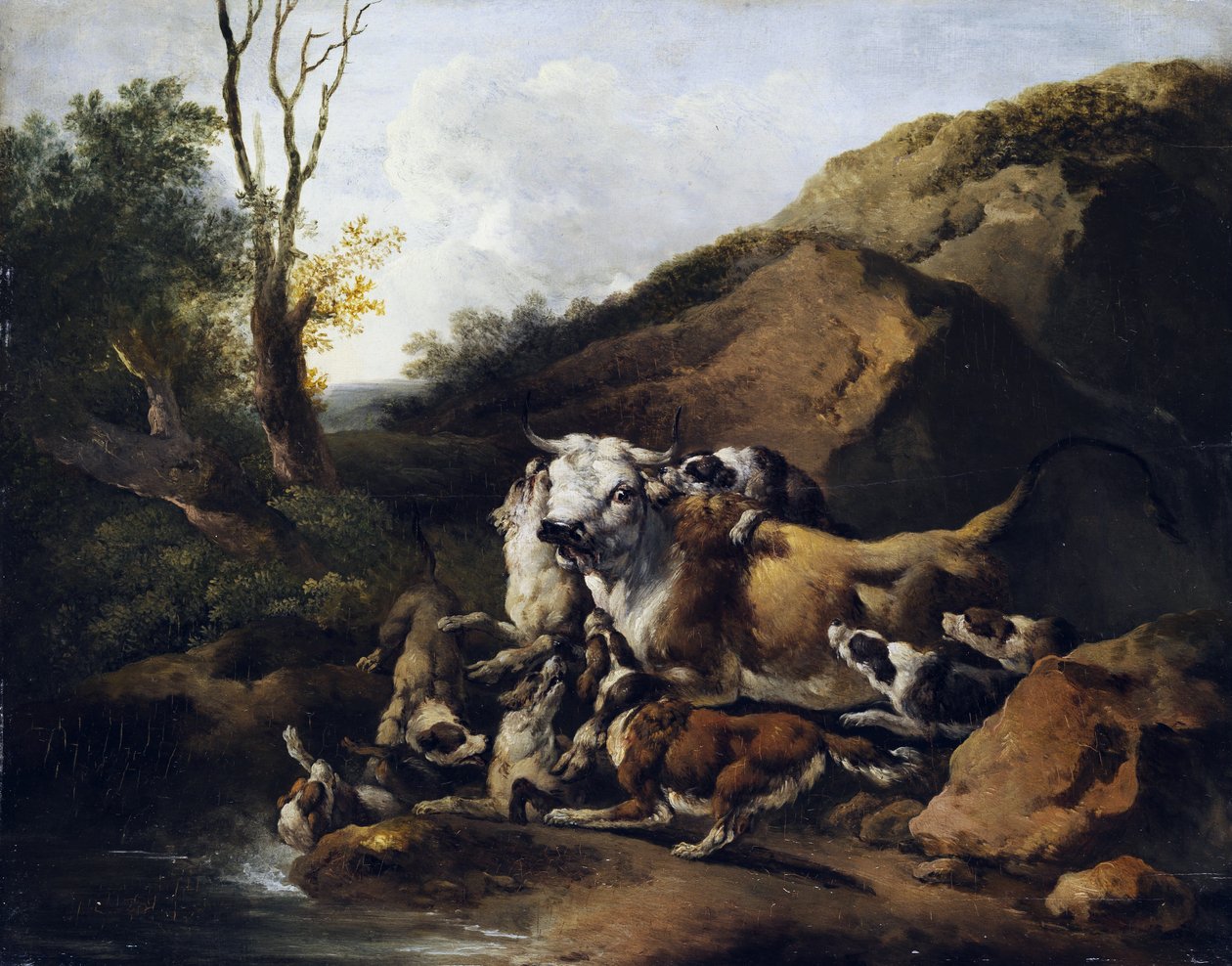 Aurochs som slåss mot en flock jakthundar av attributed to Johann Heinrich Roos